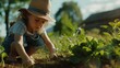 © Nick - Kid child with straw hat crouch take care of plant vegetables on soil ground sun light shine through