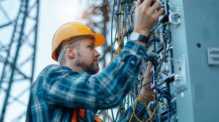 Poster - A technician working on a signal tower installation, connecting cables and adjusting antennas to enhance network reliability and speed.