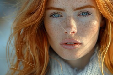 Canvas Print - beautiful model with long red blond hair, freckles on her face, blue eyes.