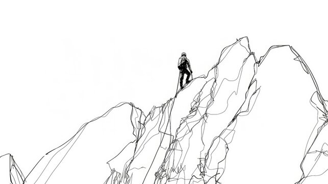 Rock climbing. Silhouette of a man climbing on a mountain. Continuous line drawing. Digital illustration.