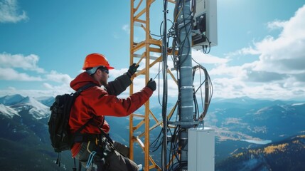Poster - A technician working on a signal tower installation, connecting cables and adjusting antennas to enhance network reliability and speed.