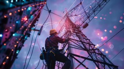 Poster - A technician working on a signal tower installation, connecting cables and adjusting antennas to enhance network reliability and speed.