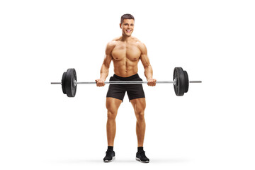 Poster - Muscular strong young man lifting weights topless