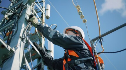 Poster - A telecommunications technician performing maintenance on a signal tower, ensuring continuous service and uptime for mobile networks.