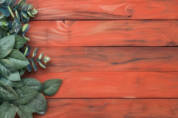 Vibrant Red Wooden Background with Green Leaves