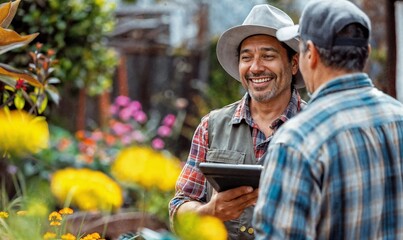 Using a tablet to provide quote, plan, estimate invoice on the job site, happy garden center, landscape, outdoor worker talking to a client co-worker, plant store garden center, summer, spring, 