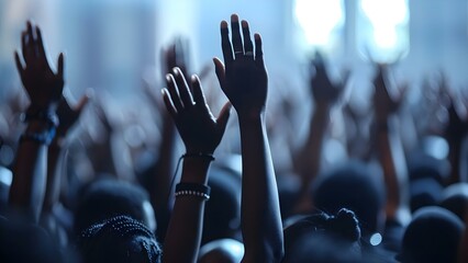 Wall Mural - Raised hands symbolize focused worship in a Christian church service. Concept Christian Worship, Raised Hands, Spiritual Significance, Church Service, Symbolic Gestures