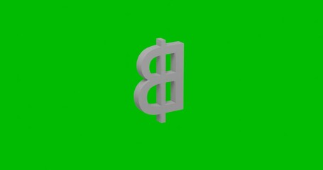 Poster - Animation of rotation of a white thai baht symbol with shadow. Simple and complex rotation. Seamless looped 4k animation on green chroma key background