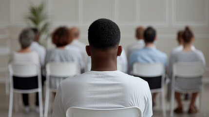   A man sits with his back to the audience in chairs arranged in a room