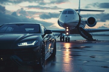 Luxury car in front of private jet on airport.