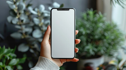 Wall Mural - Smartphone mockup view top screen woman hand holds a blank white screen phone created