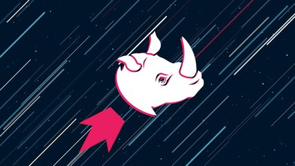 Poster - Rhino head logo flies through the universe on a jet propulsion. The symbol in the center is shaking due to high speed. Seamless looped 4k animation on dark blue background with stars