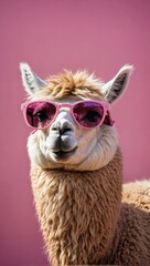 Wall Mural - Witness the irresistible cuteness of a lama alpaca donning stylish pink sunglasses against a whimsical pink background, evoking a sense of fun and whimsy.