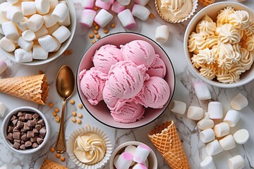 Wall Mural -  Ice cream ingredients view from above on a marble background. Ice cream in a bowl, ice cream cones, spoon, marshmallows