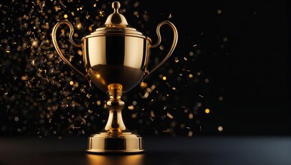 Sparkles black background with a winners cup. Champion golden trophy on black background. Concept of success and achievement.