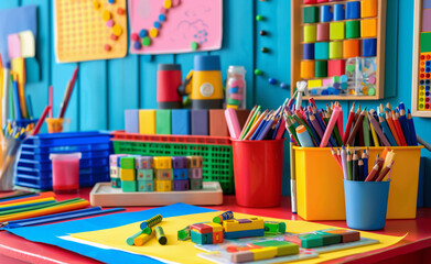 Children’s play area set up for learning and fun. Include educational toys, bright building blocks, storybooks, and art supplies like crayons and markers