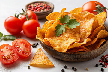 Chips potato with tomato, herbs isolated on white background, Image for cafe menu, Banner