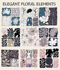 Aufkleber - Set of floral elements: flower and leaves in neutral colors. Wedding poster and invitation template.
