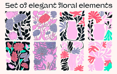Aufkleber - Set of floral elements: flower and leaves in neutral colors. Wedding poster and invitation template.