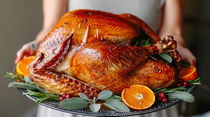 Wall Mural -   A tight shot of an individual gripping a platter bearing a turkey, accompanied by oranges and herbs on the side