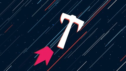 Poster - Axe symbol flies through the universe on a jet propulsion. The symbol in the center is shaking due to high speed. Seamless looped 4k animation on dark blue background with stars
