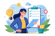 © Digital Dreamscaping - Survey or feedback opinion checklist of completion or questionnaire form evaluation or assessment review checkbox clipboard concept businesswoman complete survey with lightbulb pencil modern flat