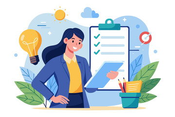 Aufkleber - Survey or feedback opinion checklist of completion or questionnaire form evaluation or assessment review checkbox clipboard concept businesswoman complete survey with lightbulb pencil modern flat