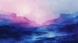 Dreamy landscape painting of mountains in shades of pink and blue with a watercolor effect.