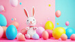 A cute cartoon Easter bunny sit with full of colorful Easter eggs 3d vector