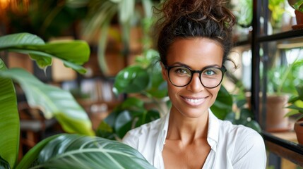   A woman in glasses smiles at the camera before a window, flanked by potted plants on each side