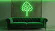 This image captures a high-end living room, where a green velvet sofa stands in the foreground, and behind it, a solid-color wall is transformed into a 
