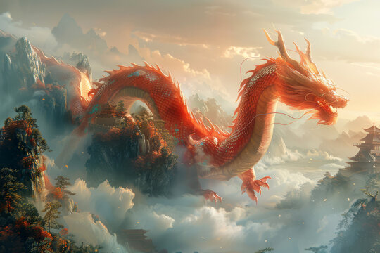 A resplendent red dragon glides among misty clouds above a serene Chinese mountain landscape, illuminated by the soft glow of sunrise