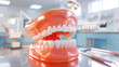 3D render of Mock up Simulated teeth and gums with a dental clinic in the background.