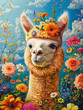 Digital art cute white alpaca hill with fluffy wool decorated with a botanical crown of colorful flowers 