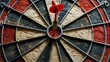 Dart hitting the bullseye close-up, symbol of achieving target goals, with a stark, isolated background for high impact