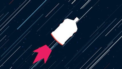 Poster - A large bottle of water symbol flies through the universe on a jet propulsion. The symbol in the center is shaking due to high speed. Seamless looped 4k animation on dark blue background with stars