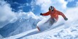 © gunzexx png and bg - An action-packed shot of a snowboarder in bright orange slicing through the fresh snow on a mountain slope under a clear blue sky