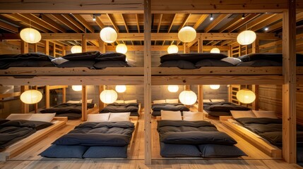 Wall Mural -   A room filled with numerous bunk beds, each covered in blankets and pillows Lights suspended from the ceiling