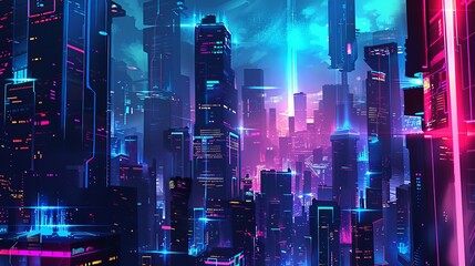 Wall Mural - Futuristic cityscape design featuring a multitude of neon lights, creating an extraordinary background wallpaper in a digital art style.