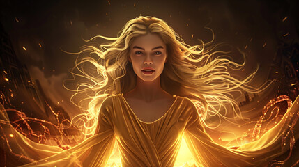 Wall Mural - 3d illustration of a beautiful woman in a golden dress with flying hair