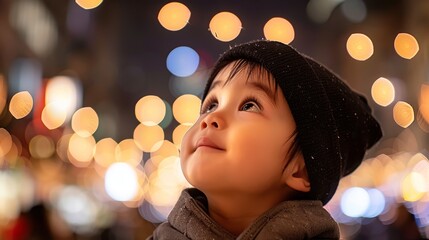 Wall Mural -   A child in a beanie gazes up at the night sky, surrounded by numerous lights behind
