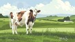 Illustration of a cow standing on a green field, depicting a rural scene.