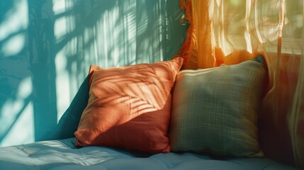 Wall Mural - Colorful pillows on the bed in the morning sunlight. Selective focus.