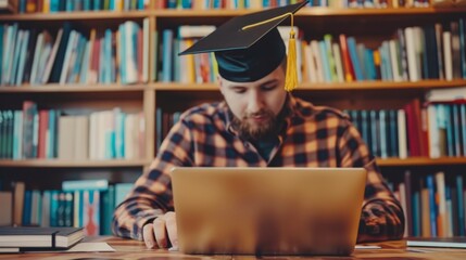 Poster - Laptop on man's desk with icon of university degree. Online education concept.