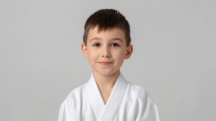   A young boy, dressed in a white kimono, grins at the camera He accessorizes his outfit with a black belt Amidst a neutral backdrop, he confident