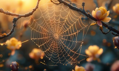 Close-up of a spider web woven on a tree branch.