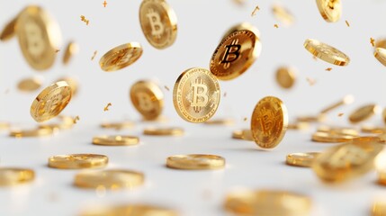Poster - Falling bitcoin coins on an isolated white background. Bitcoin background. Abstract.