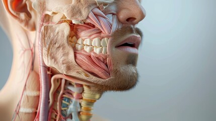 A portrait of a man showing the anatomy of his mouth, throat, and nose.