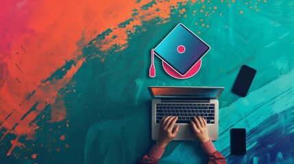 Poster - Online education concept. Abstract collage with laptop, smartphone, and human hands holding graduation hats.