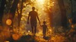 © Nadhera - father and little son holding hands in sunlight. in summer forest nature outdoor, trust, protecting, care, parenting family concept. road to life . imagination of child dreaming